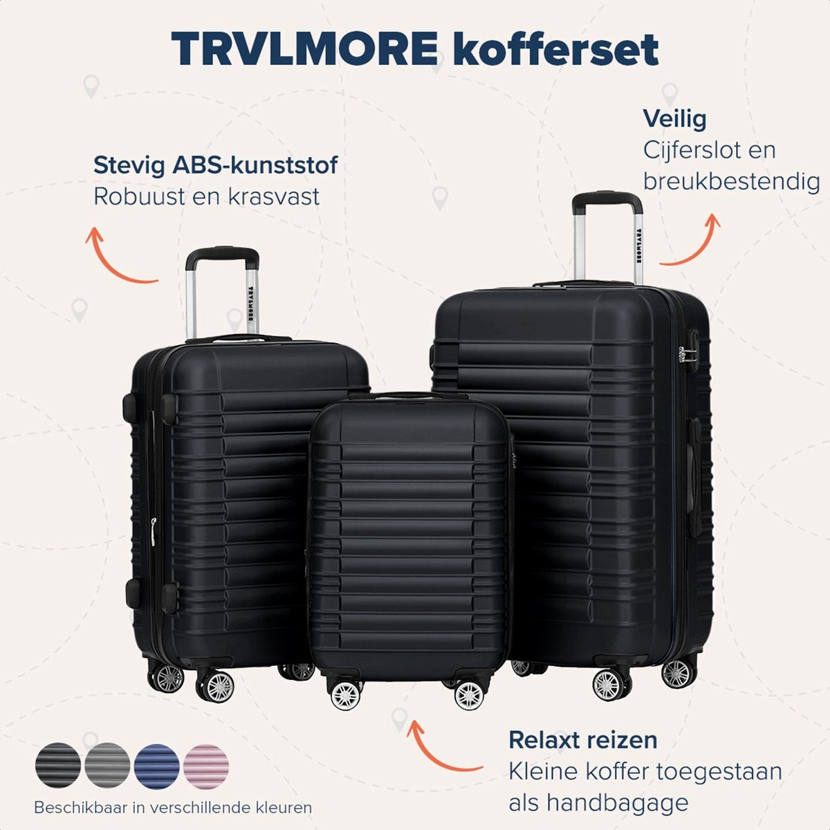 TRVLMORE Set van 3 Koffers – Incl. Cijferslot – 38L + 70L + 110L – Zwart
