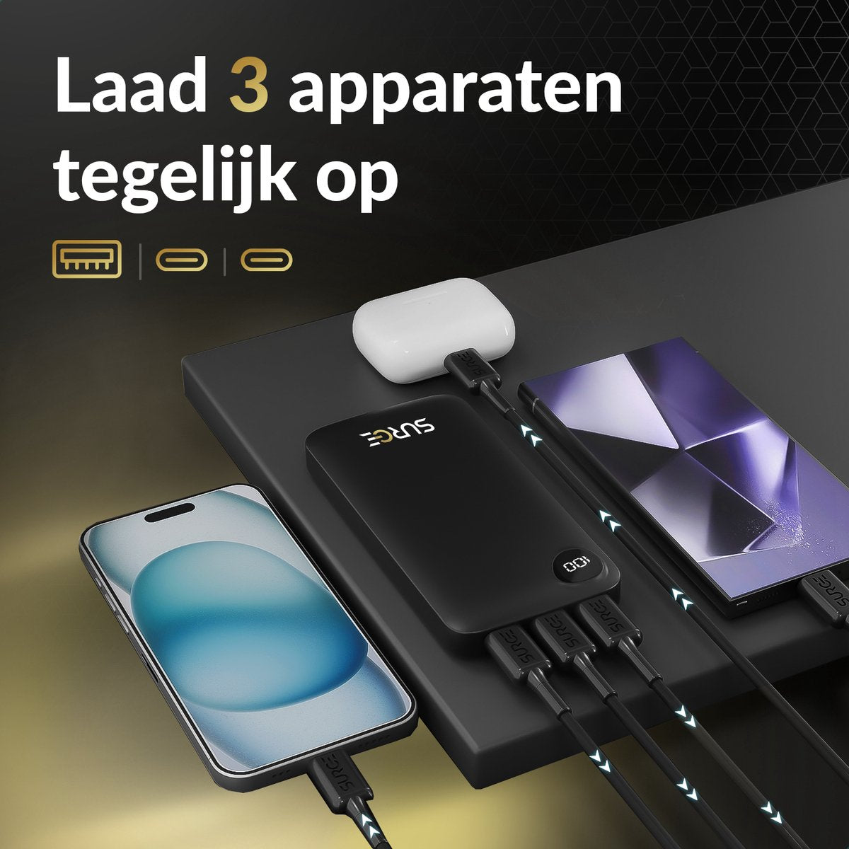 Surge Powerbank 20.000mAh - 22,5W Snellader - 2x USB-C & 1x USB-A - LED Display - Zwart - 14,5 x 6,8 x 2,9 cm