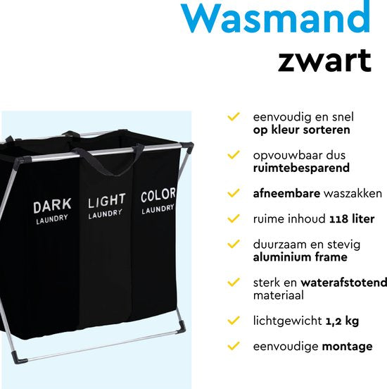 BRASQ Wasmand Opvouwbaar 3 vakken - Wassorteerder 65x39x60 cm - Wasbox Zwart - 118 Liter - Basket