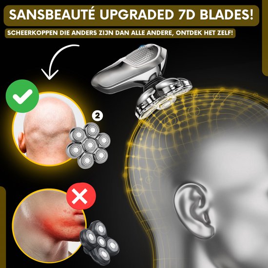 6-in-1 Scheerapparaat Mannen + Extra Scheerkop – Trimmer - Tondeuse - Sansbeauté® SkullSharp MAX - Electric Face & Head Shaver - Shave - Hoofd Kaal Scheren – Nat & Droog - Elektrisch