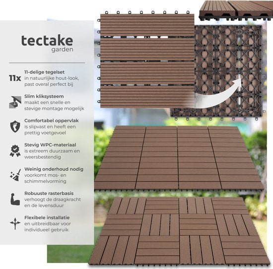 tectake® WPC houten tegels - Houtlook tegels - Weerbestendig - Vloerbedekking voor buiten - Vloertegels - Balkonvloer - Terrastegels met kliksysteem - Afvoer - Set van 11 - Bruin