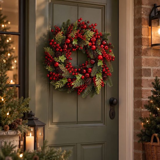 Mica Decorations Norah Kerstkrans met Dennenappels - Kerstversiering met Traditionele Look - Deurkrans voor in de Hal of bij de Voordeur - H13 x Ø50 cm - Rood en Groen