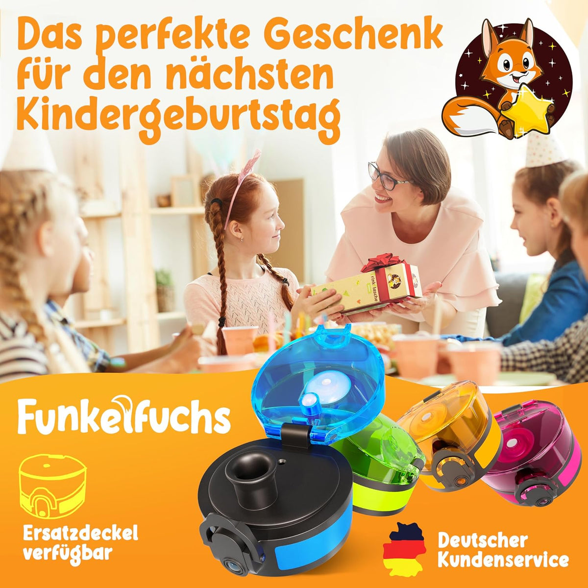Funkelfuchs® - Drinkfles voor kinderen - 500ml, blauw - koolzuurhoudend - 100% lekvrij - waterfles vaatwasmachinebestendig - voor kleuterschool, school, sport