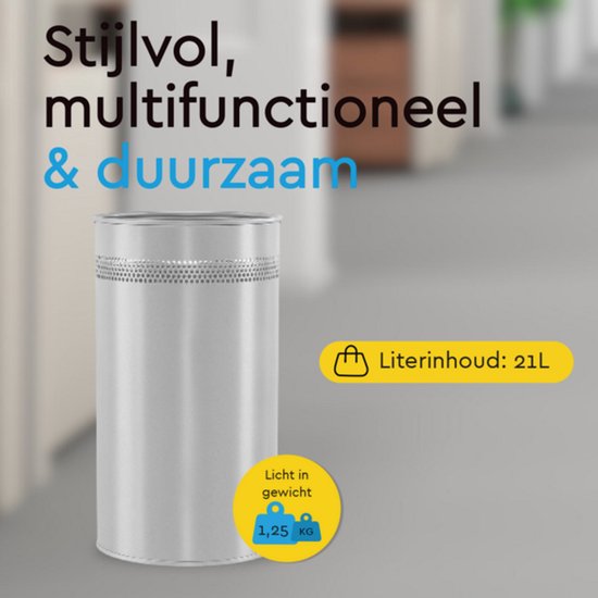 BRASQ Prullenbak Metaal Kantoor/ Thuisgebruik - Vuilnisbak - Afvalemmer - Papierbak - Rond - Prullenbakken - Zilver 21 liter