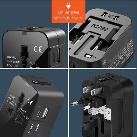 Universele wereldstekker 150+ Landen - Internationale - Verloop - Reis stekker - Adapter - Voor Amerika, Zuid Amerika, Engeland (UK), Azië, Europa, Afrika, Italië, Thailand, Curacao - 2x USB-C en 2x USB-A - Type G, Lichtgewicht - Skoov