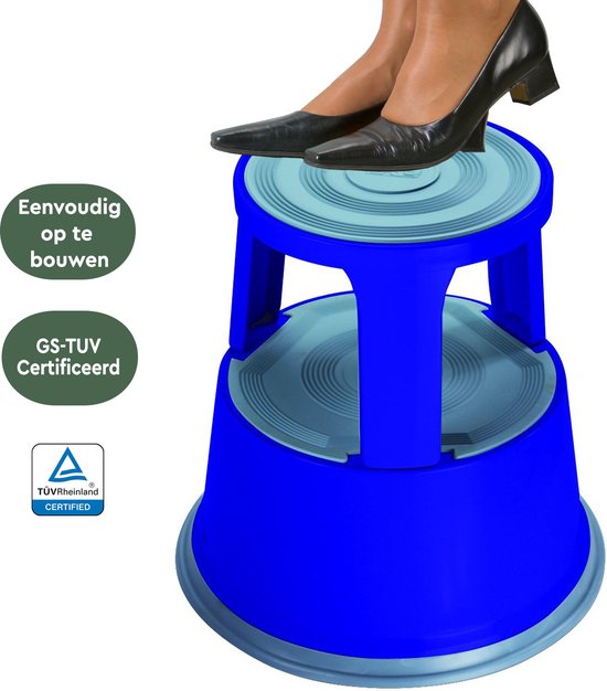 BRASQ Opstapkrukje Premium Blauw - Draagvermogen 150 kg - Opstapkruk - Olifantenvoet - Kantoorkruk - Roltrap - Kruk - Metaal