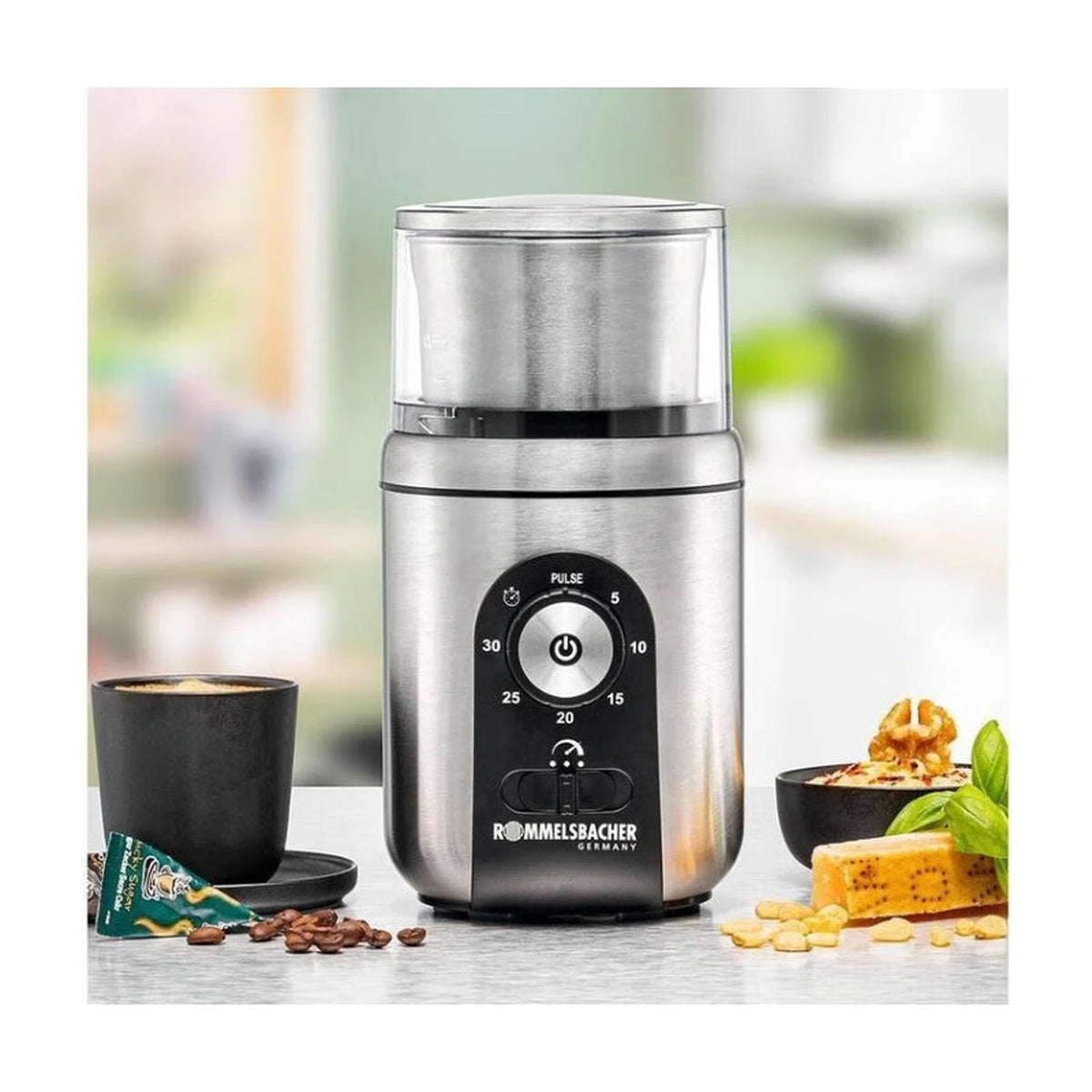 Rommelsbacher Koffie- & Kruidenmolen EGK 250 - Roestvrij Staal - 200 W - 2 Maalbekers - Pulsefunctie - 10,5 x 11,5 x 20,2 cm