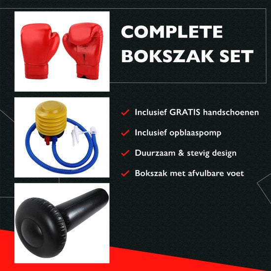 Zoluko Opblaasbare Bokszak op Voet - Incl. Bokshandschoenen, Voetpompje en E-book - Voor binnen en buiten - Voor Volwassenen en Kinderen - Zwart - ø 65 cm - 160 cm hoog