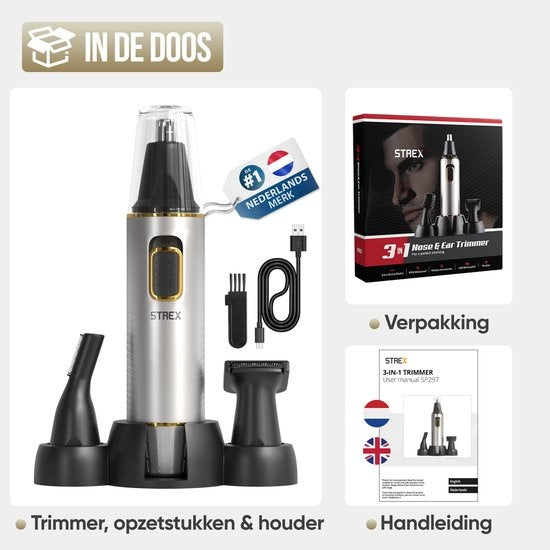 Strex 3 In 1 Neushaartrimmer Set - Oplaadbaar & Afspoelbaar - Neustrimmer / Oortrimmer / Wenkbrauwtrimmer / Baardtrimmer - Mannen & Vrouwen