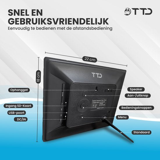 TTD® Dementieklok XL 8 Inch – Klok met Dag & Datum – Analoge & Digitale Weergaves – Handleiding in Groot Lettertype – Wekker – Kalenderklok voor Ouderen en Slechtzienden - Alzheimerklok - Seniorenklok