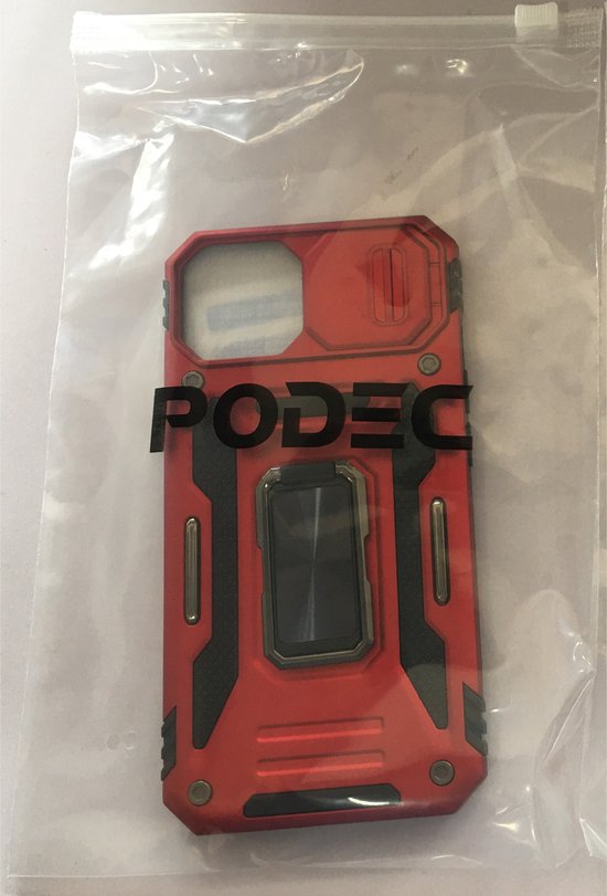 Podec Hoesje geschikt voor iPhone 14 Rood Telefoonhoesje - Anti-Shock Case Cover Hybrid Armor Hoes met Kickstand Ring met Screenprotector