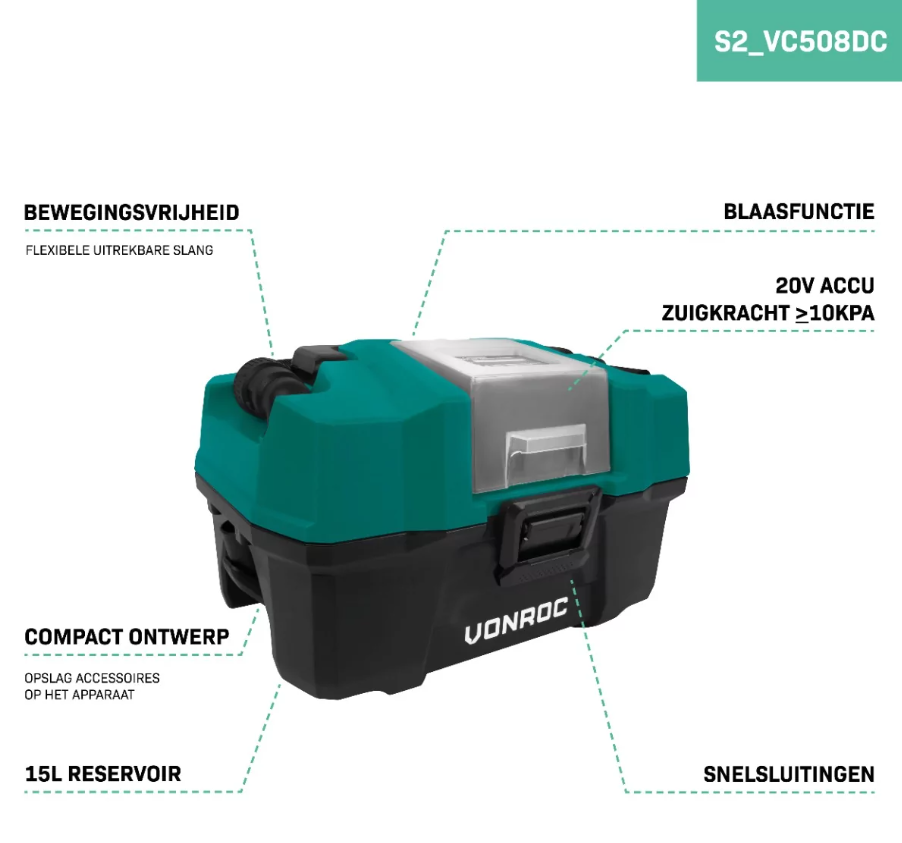 VONROC - Compacte alleszuiger 20V – 2.0Ah - Incl. Accessoires, 2 accu’s en snellader - Groen/Zwart