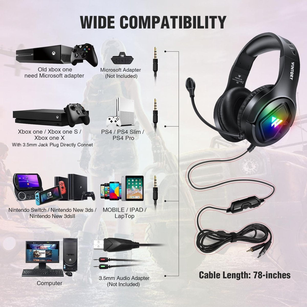 WINTORY M1 RGB Gaming Headset - PS4, Xbox One & laptops - Zwart