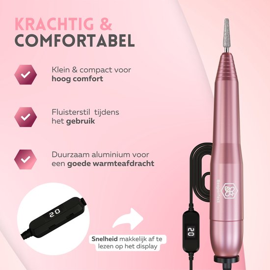 Beeperfect® Elektrische Nagelvijl - Nagelfrees - Manicure en Pedicure set - 12 Bitjes en 60 Schuurrolletjes - 4 Extra accessoires - Roze