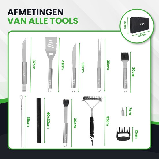 TTD® Premium BBQ Accesoires Set 30-delig - BBQ Gereedschapset RVS - Barbecue Accessoires - BBQ Tang - BBQ Spatel - Met BBQ Handschoenen en Schoonmaak Borstel - Inclusief Opbergtas