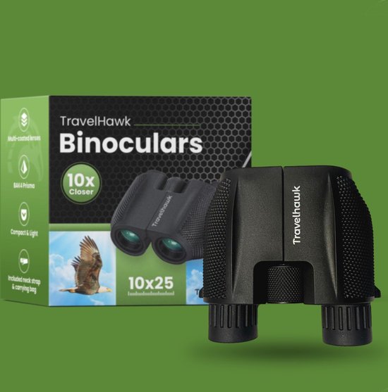 TravelHawk Verrekijker - 10x25 - BAK4 - Full Multi-Coated (FMC) - Compacte verrekijker - Waterdicht - Met nekkoord, draagtas - voor vogels kijken, jagen, theater - Zwart