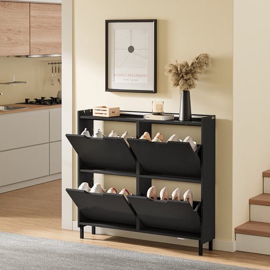 SoBuy Schoenenkast voor entree - Schoenenrek van hout met led en design - Voor entree en hal, voor kleine ruimtes - Zwart, 100 x 19 x 93 cm, FSR100-E-SCH