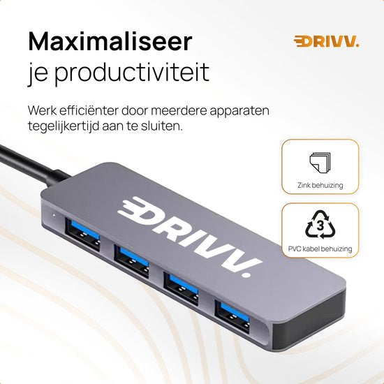 Drivv. USB Splitter 4 poorten - USB 3.0A - USB Hub 3.0 - Aluminium Behuizing - Grijs