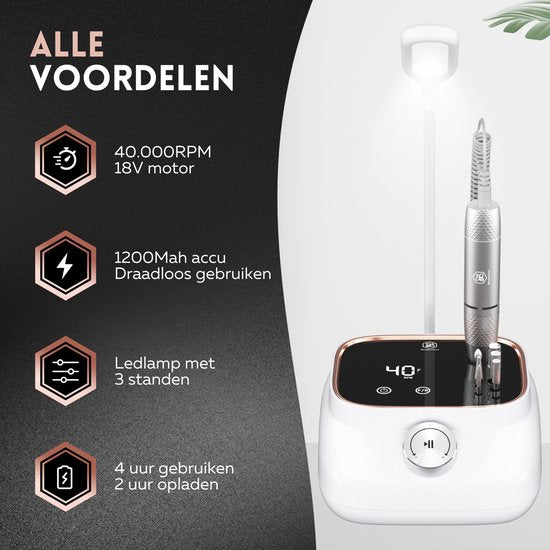 Beeperfect® Elektrische Nagelvijl Desktop Edition - Nagelfrees - Manicure en Pedicure set - 40.000RPM - Draadloos & Oplaadbaar - 11 Bitjes 3 Accessoires & 56 Schuurrolletjes - Rose Goud