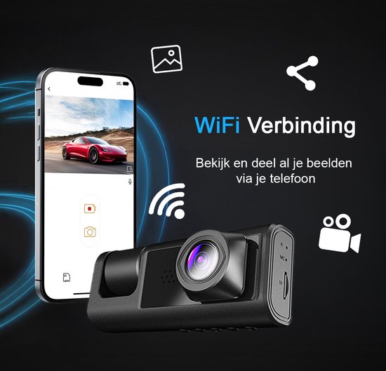 Tech Essentials® Dual Dashcam S1-Wifi Voor Auto - Met Achteruitrijcamera Universeel - Full HD - Met 64GB Micro SD-Kaart - Met Nachtzicht - APP | Voor En Achter