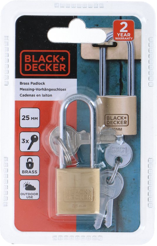 BLACK+DECKER Hangslot - 25mm - Lange Beugel - Incl. 3 Sleutels - Massief Messing Slot