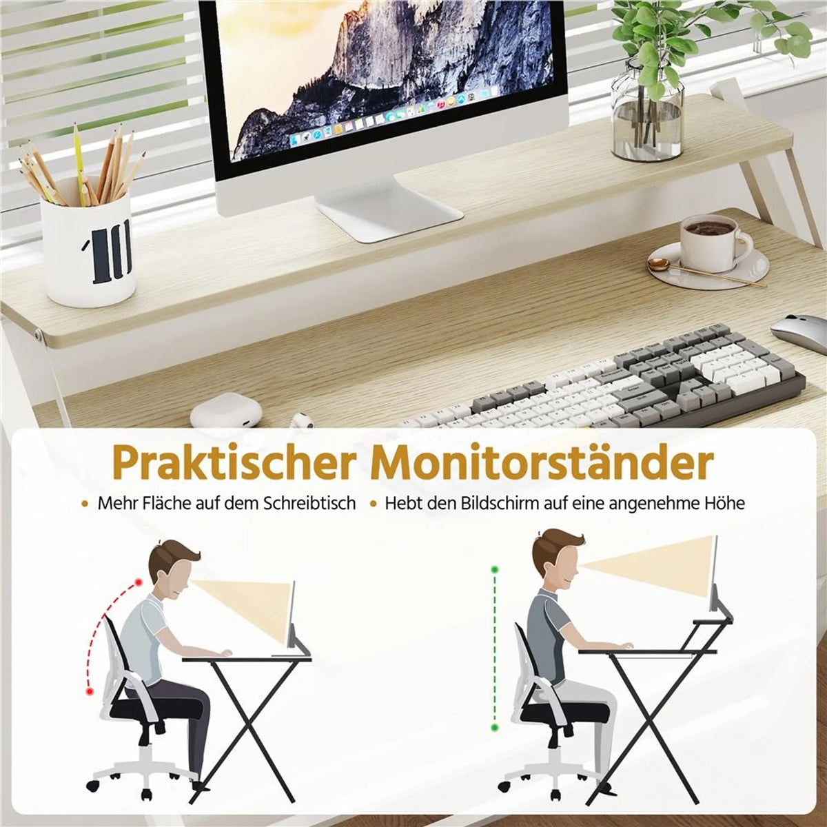 Yaheetech Inklapbaar Computerbureau met Monitorstandaard – 106,5 x 60,5 x 90 cm – Licht Hout