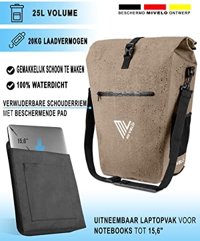 MIVELO Fietstas voor Bagagedrager - 100% Waterdicht, PVC-vrij, Laptopvak, Zandbeige