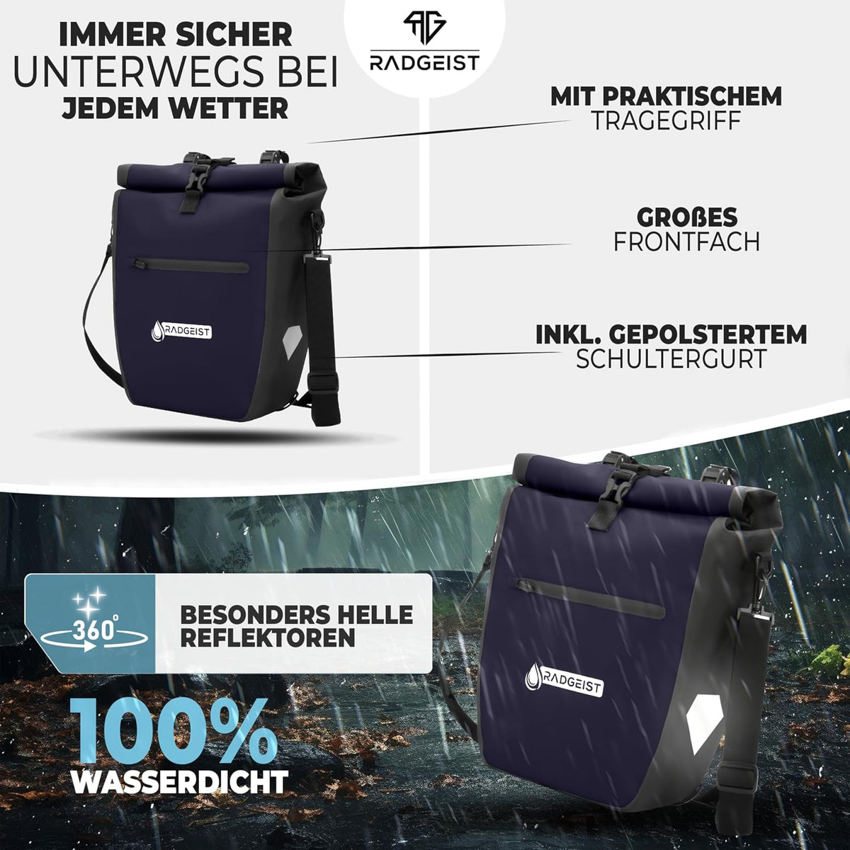 Radgeist Fietstas voor Bagagedrager Waterdicht met Reflectoren - Blauw
