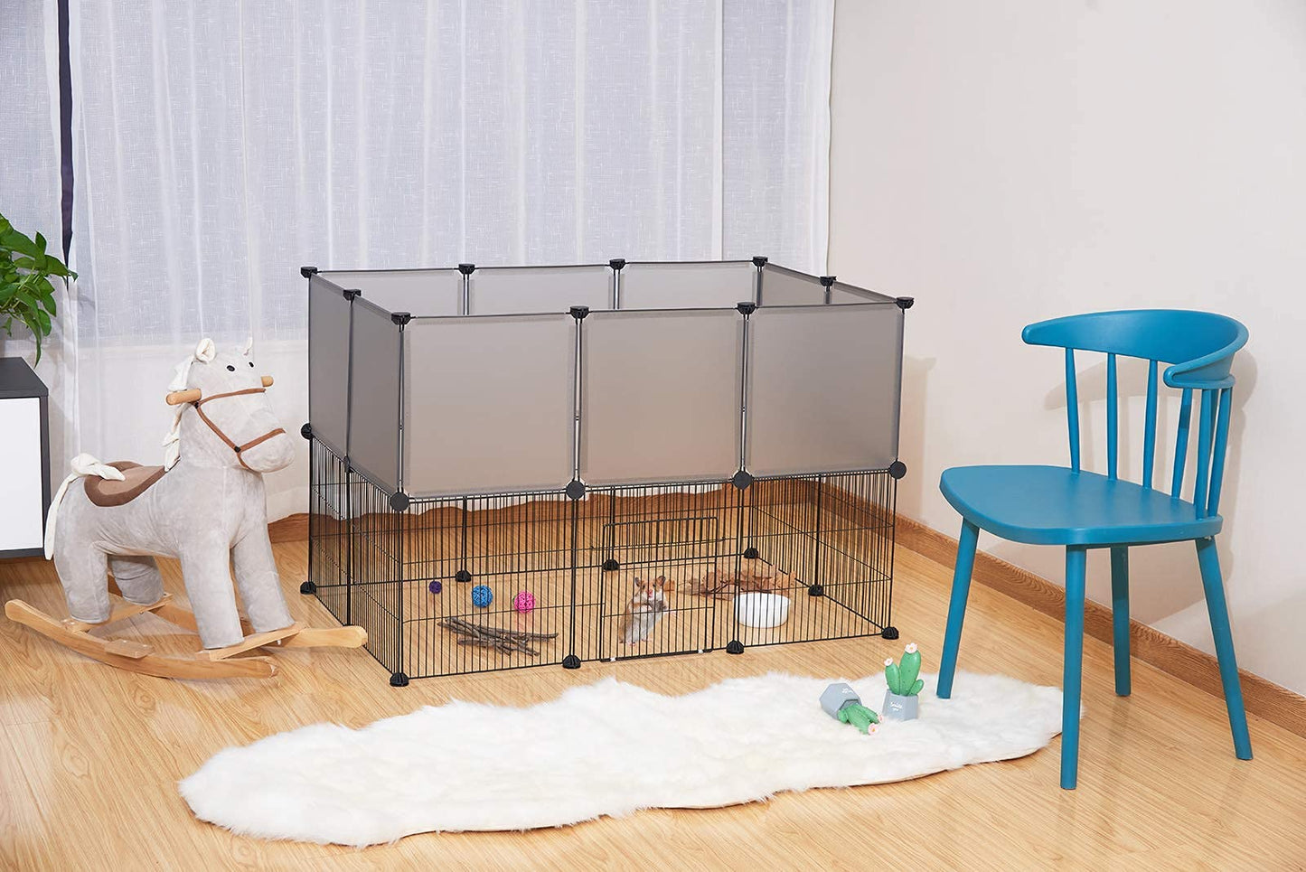EUGAD dubbele verdieping dierenren - modulaire puppy en knaagdier ren met deur - grijs - 107 x 72 x 72 cm - panelen 35 x 35 cm