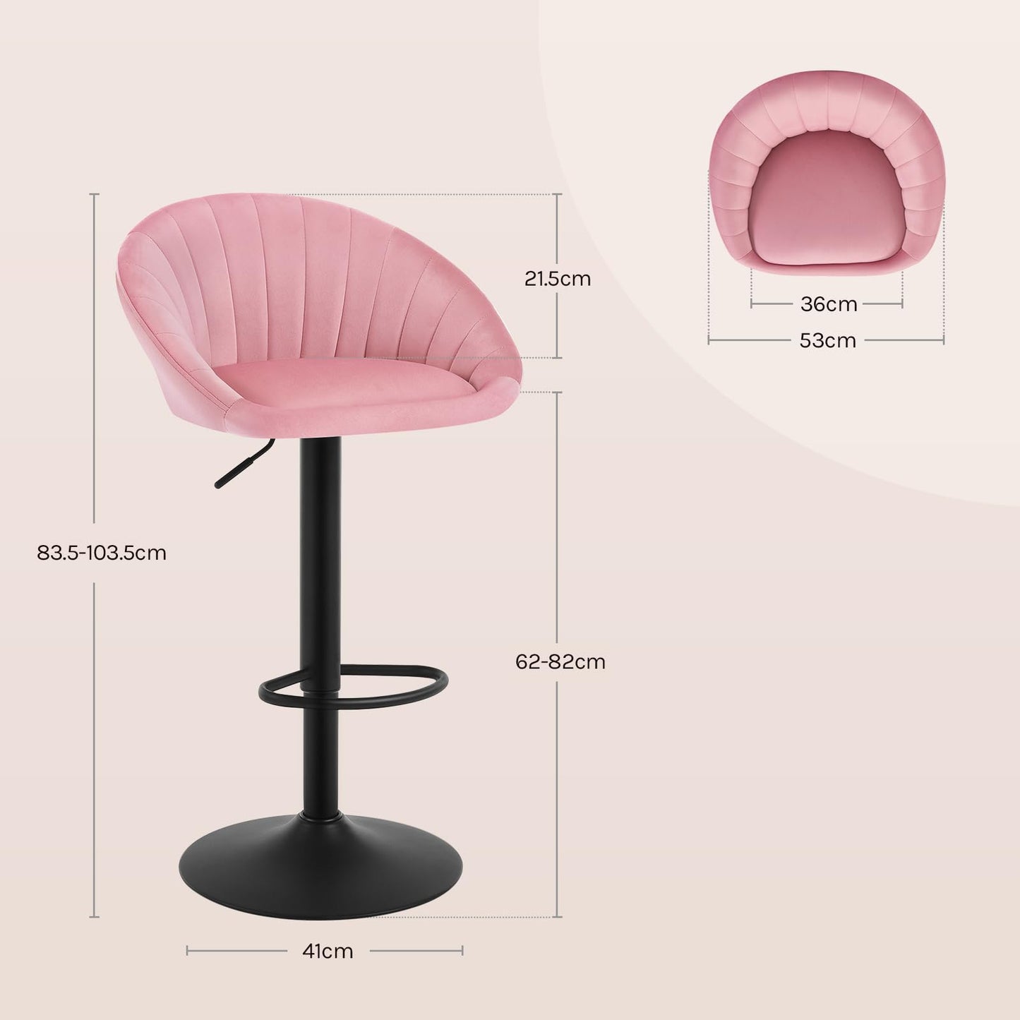 WOLTU BH428rs-1 barkruk - hoogte verstelbaar en draaibaar - velvet roze - met rugleuning - max 150 kg