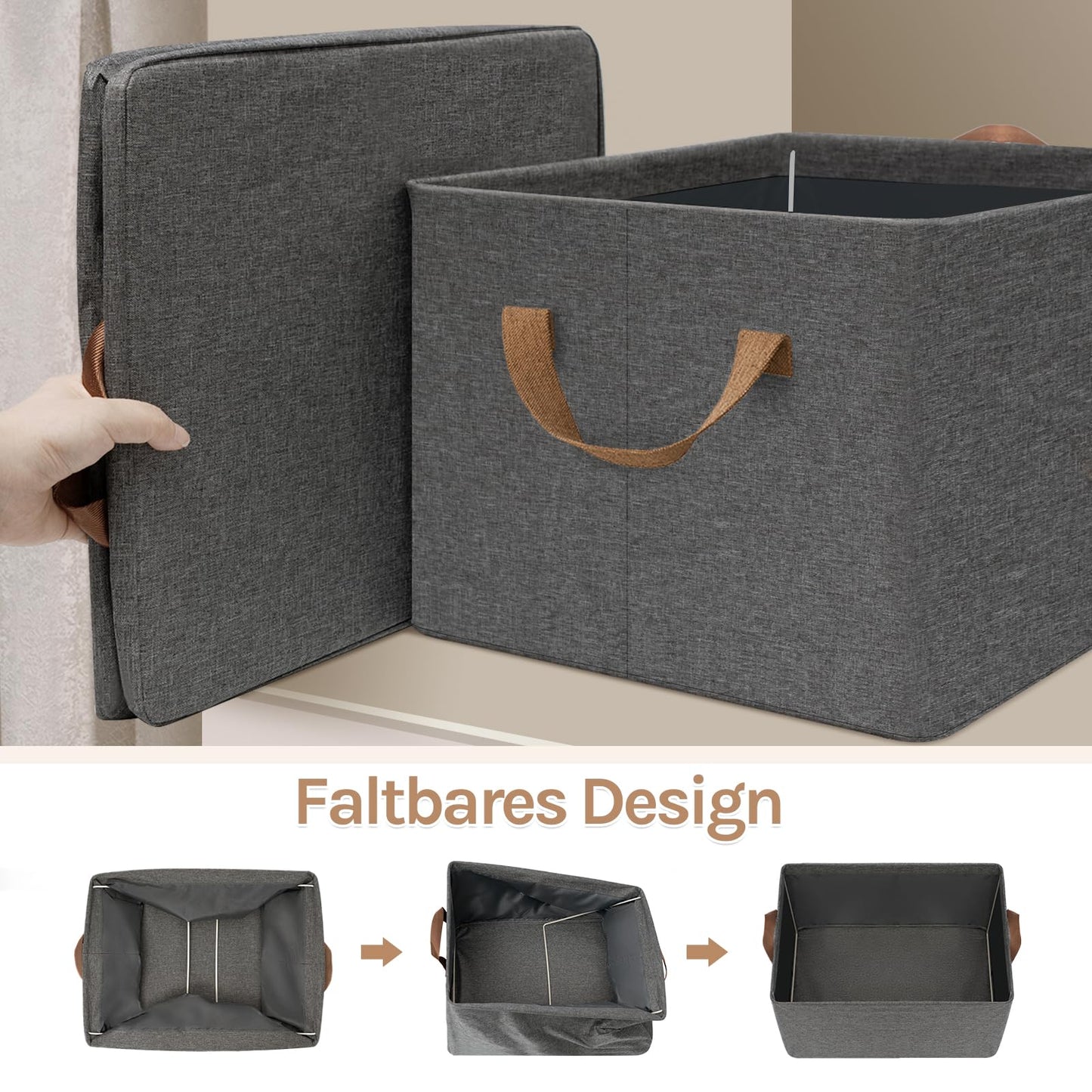 WOLTU opbergboxen set van 3 - polyester stof - opvouwbaar met handgrepen - grijs - 37,5 x 20 x 26 cm