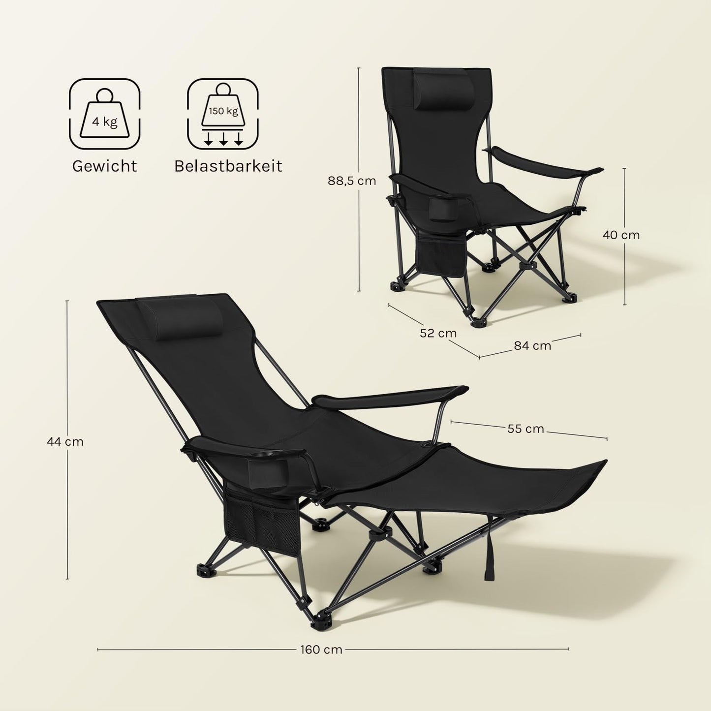 WOLTU 2-in-1 campingstoel set 2 stuks - inklapbare visstoel met voetensteun - bekerhouder - grijs zwart blauw