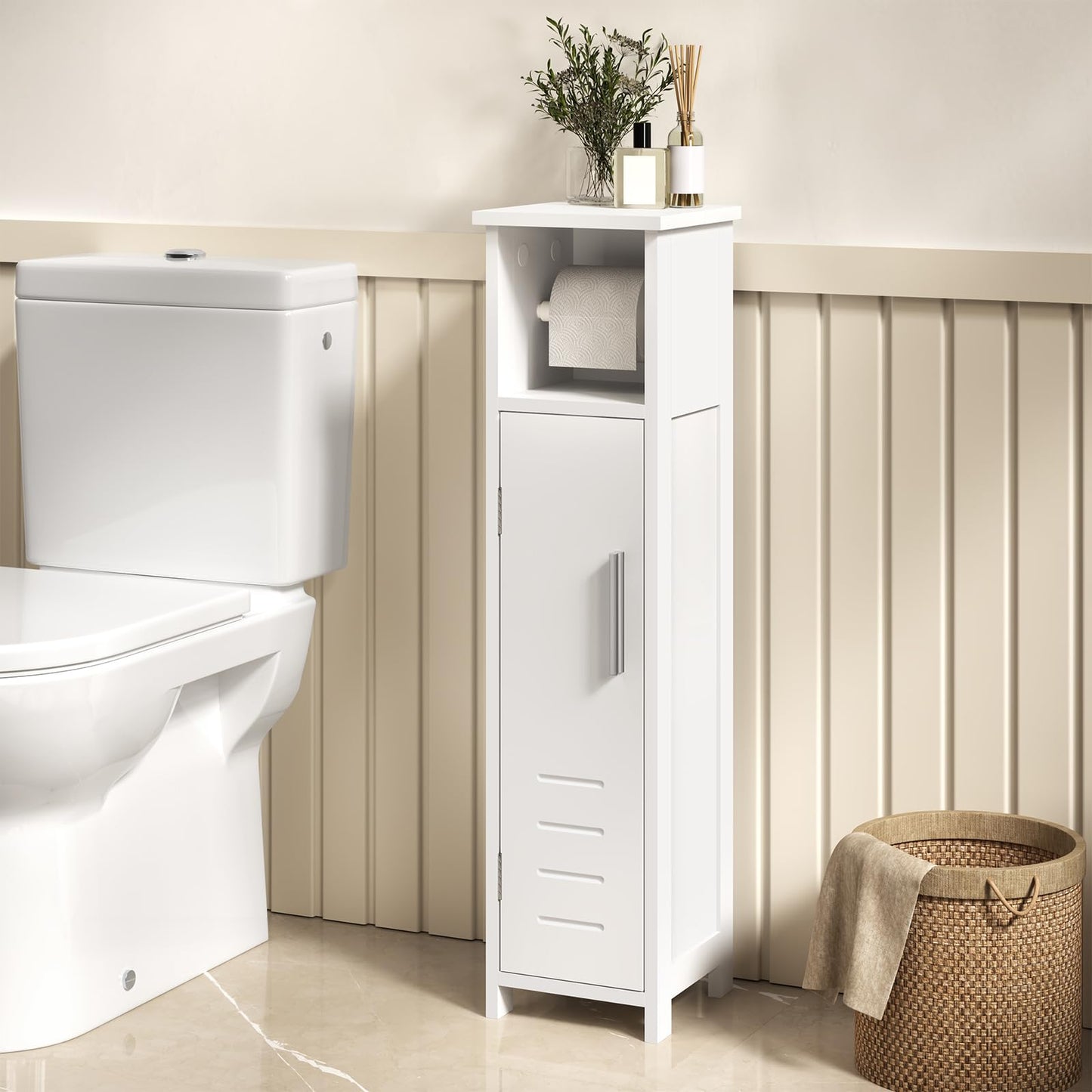 EUGAD 0229WY toilet kast badkamer kast - smal wit - verstelbare plank en toilet papier houder