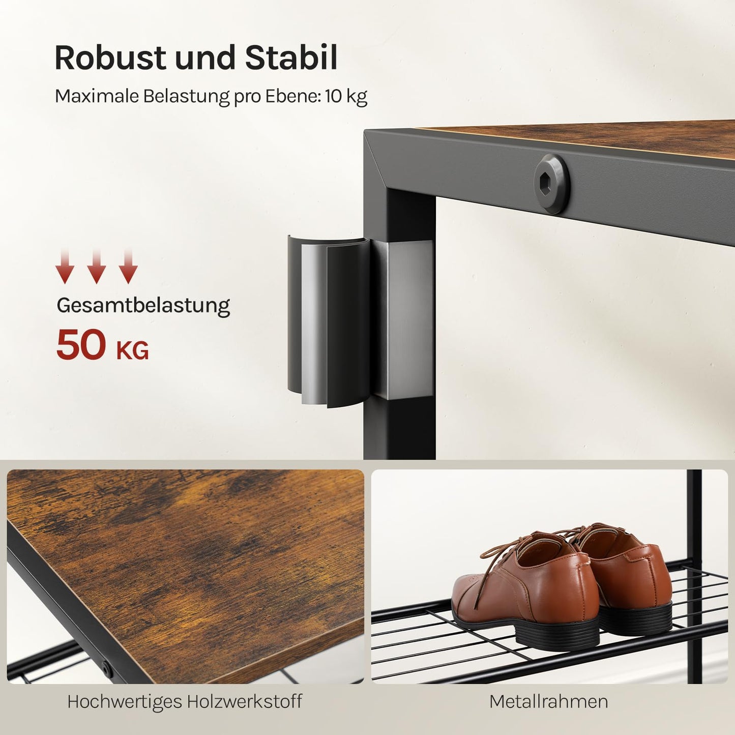 WOLTU - schoenenbank - schoenenrek met zitvlak - 4 planken - hout en metaal - voor ca. 12 paar schoenen