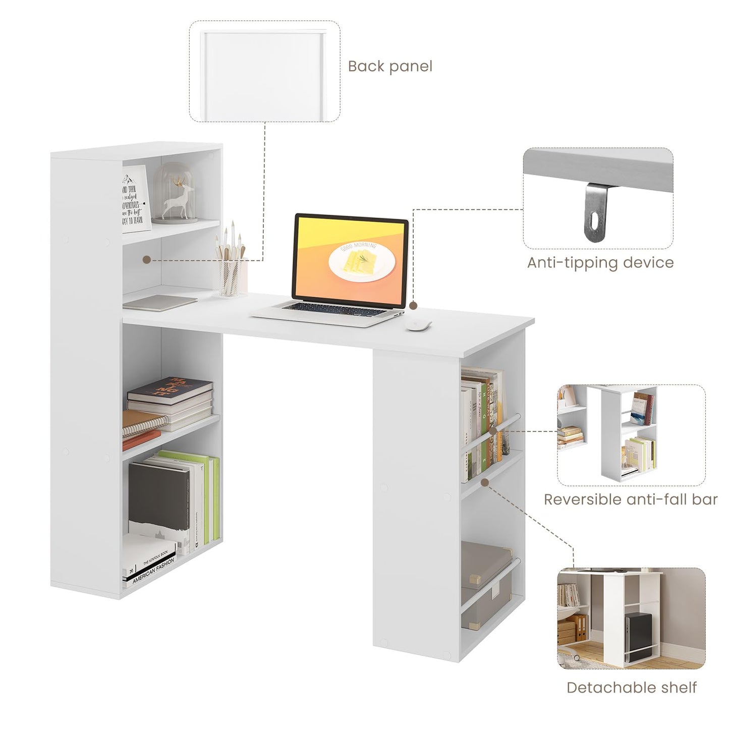 Esituro Bureau - 120x55x120cm - Met Opbergruimte & Boekenkast - Wit