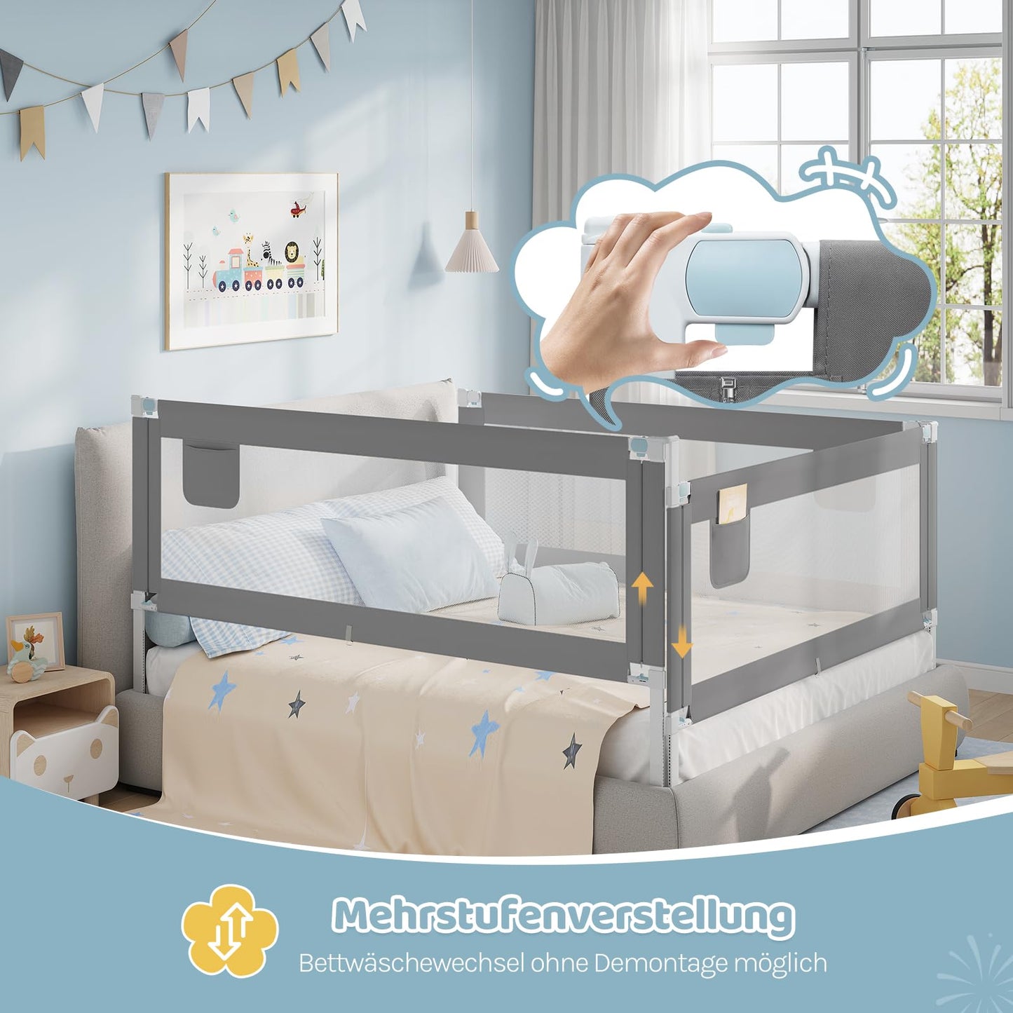 WOLTU - Bedhekje 150 cm - In hoogte verstelbaar 69-87 cm - Opklapbaar bed veiligheidsrail - Donkergrijs