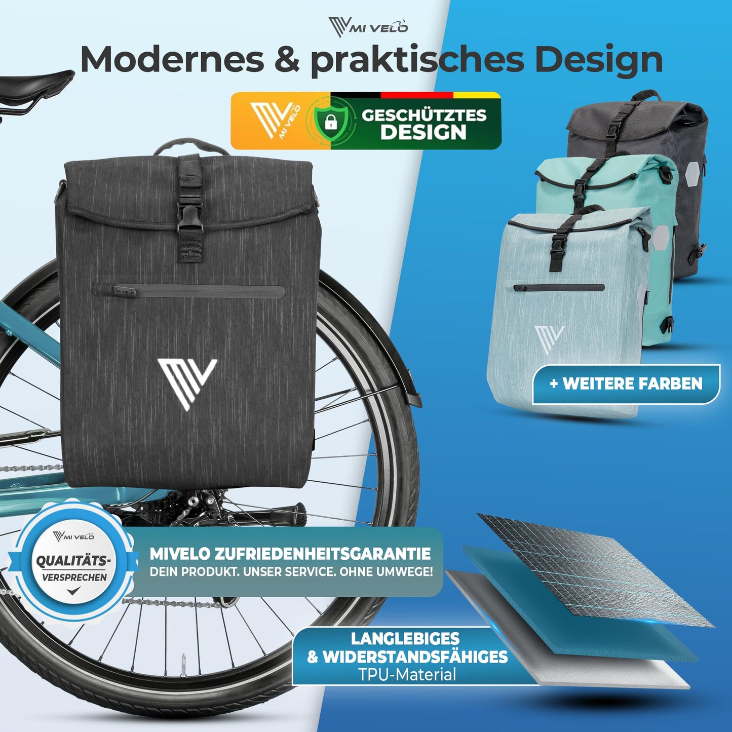 MIVELO 3 in 1 fiets tas - bagagedrager tas en rugzak - 20 liter grafiet - waterdicht - gevoerd laptopvak - reflectoren