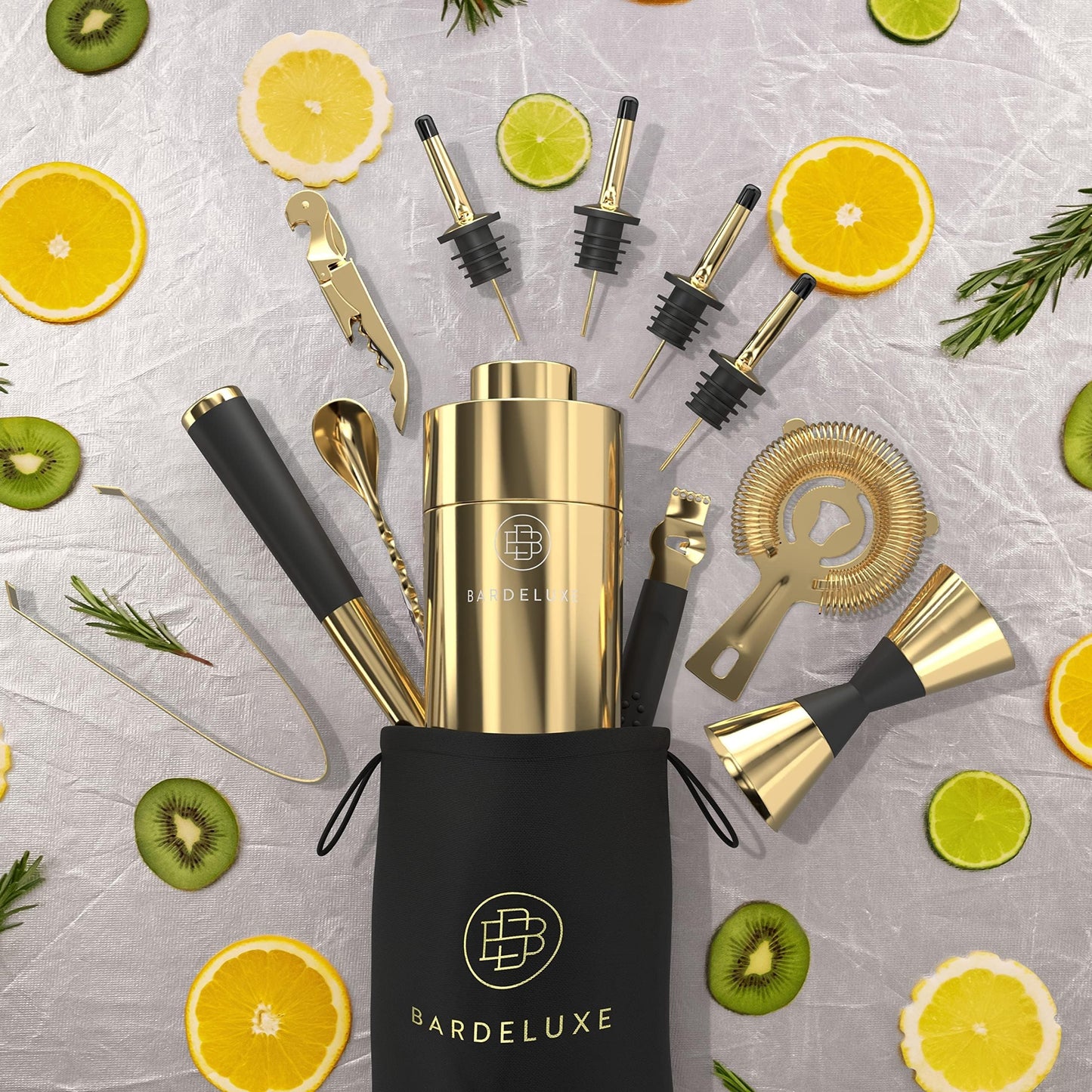 BarDeluxe® cocktail set - 12-delig bartender set met 750 ml rvs shaker - goud - incl receptboekje en opbergtasje