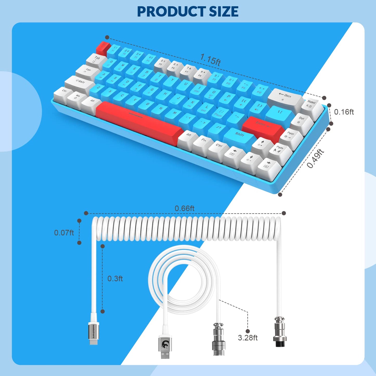 YINDIAO T8 60% gaming keyboard, 68 keys, compact, wired, mechanical mini keyboard with 18 Chroma RGB backlight, red switches, USB-C coiled keyboard cable, for PC, Mac — light grey