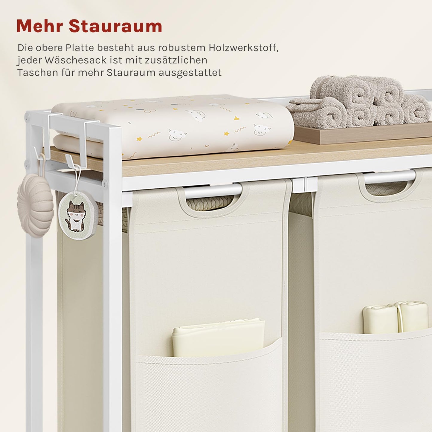 Woltu Wasmand - 3-Vaks - 120L - 96x71x30cm - Wit/Licht Eiken