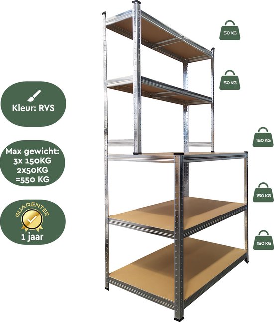 BRASQ Robuuste Werkbank RVS - Werktafel met 5 MDF-Planken - 120x60x180cm - Draagkracht Max. 550 KG