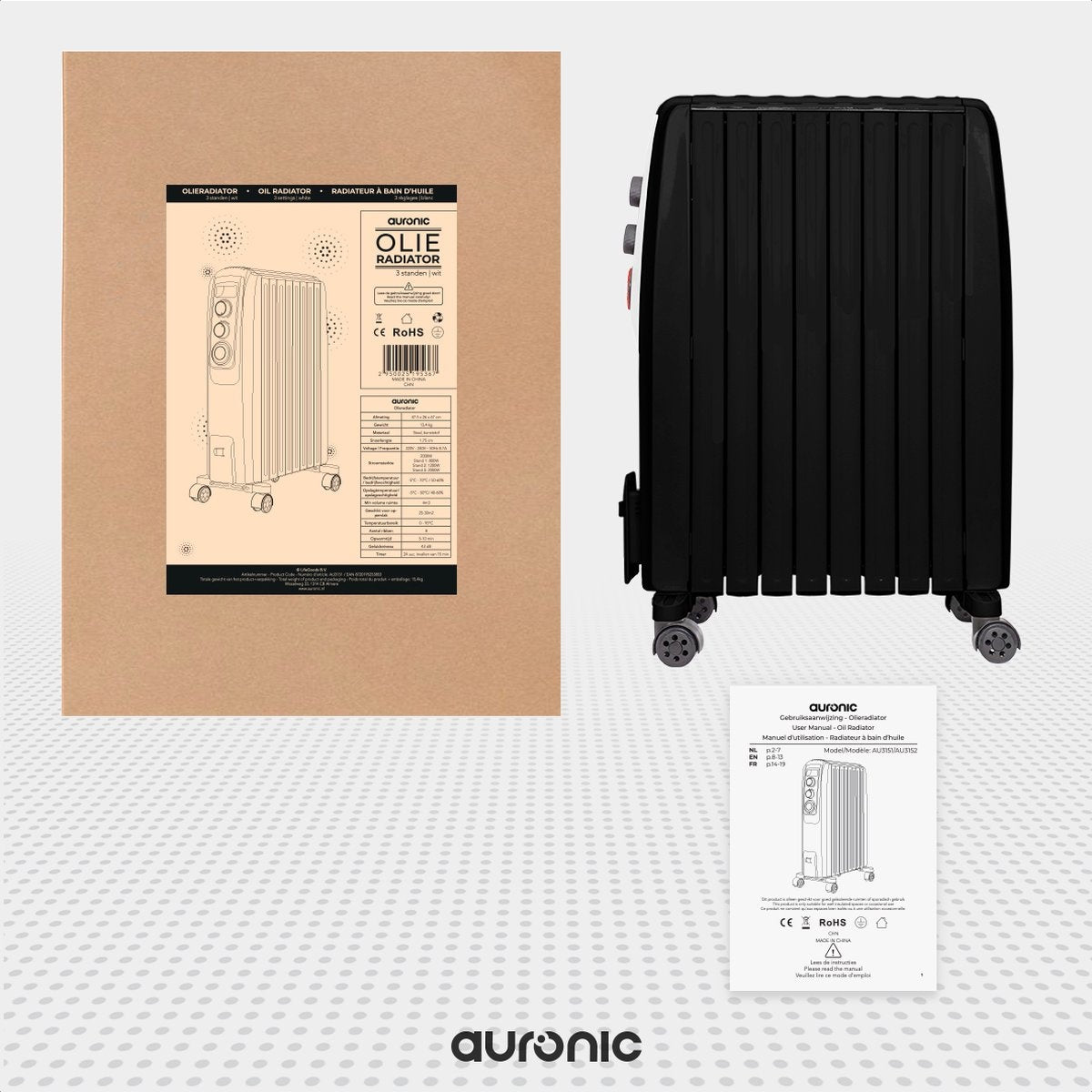 Auronic Elektrische Kachel – Olieradiator met Thermostaat & Timer – 2000W – 47,5 x 26 x 67 cm – Zwart