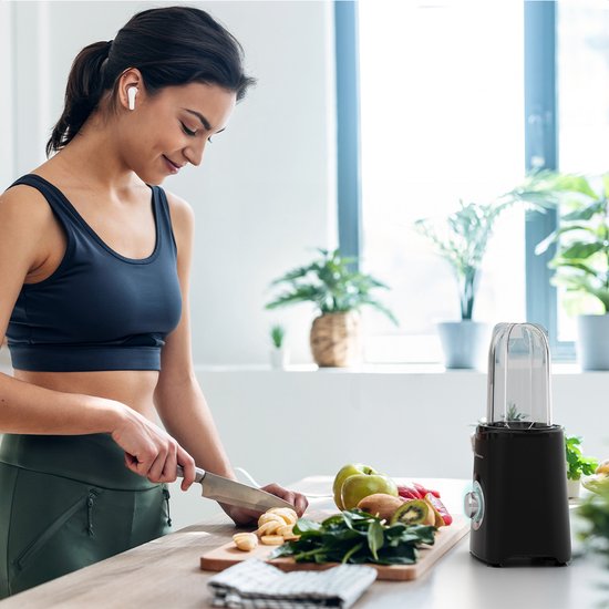 KitchenBrothers Smoothieblender – Incl. 4 Bekers & 2 Mesjes – 350 W – 14 x 14 x 30 cm – Zwart