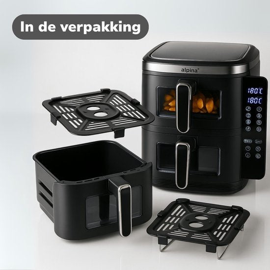 alpina Airfryer XXL - Dubbele Air Fryer 11L - Heteluchtfriteuse 2 Manden - Double Stacked voor 8 Personen - Opvouwbaar Display - Timerfunctie tot 60 Minuten - Temperatuur 60-200°C - Zwart