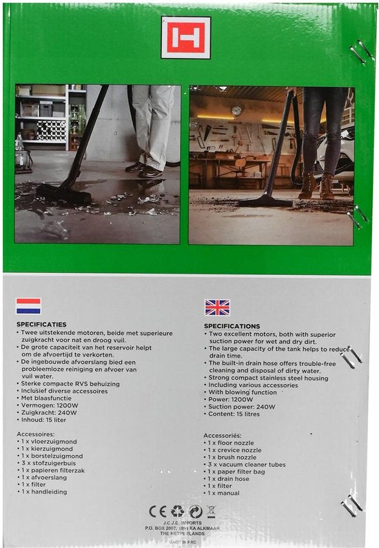 Benson Stofzuiger droog en nat - 1200W - 15 liter - 8-delig - RVS behuizing - met blaasfunctie