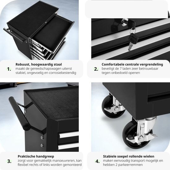 tectake® - Gereedschapswagen met 7 lades - zwart - 402800