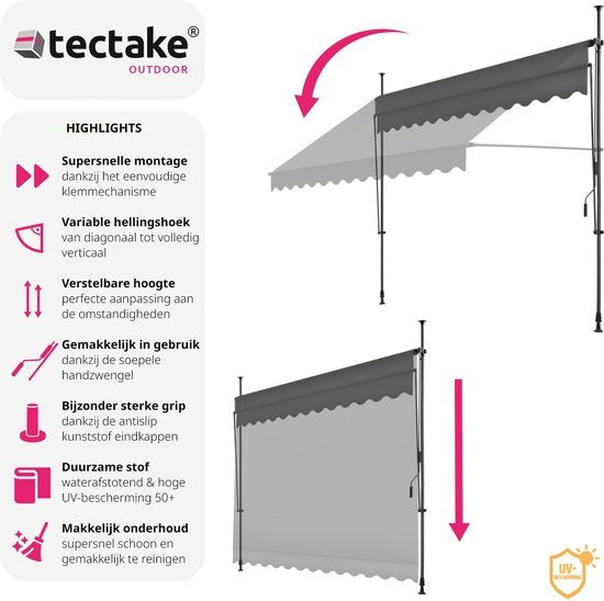 tectake - klemluifel - Zonnescherm – Zonneluifel - Verstelbaar - Klem-zonwering - Zonnescherm Balkon - 300 x 180 cm - zwartgrijs – zonwering - 404965