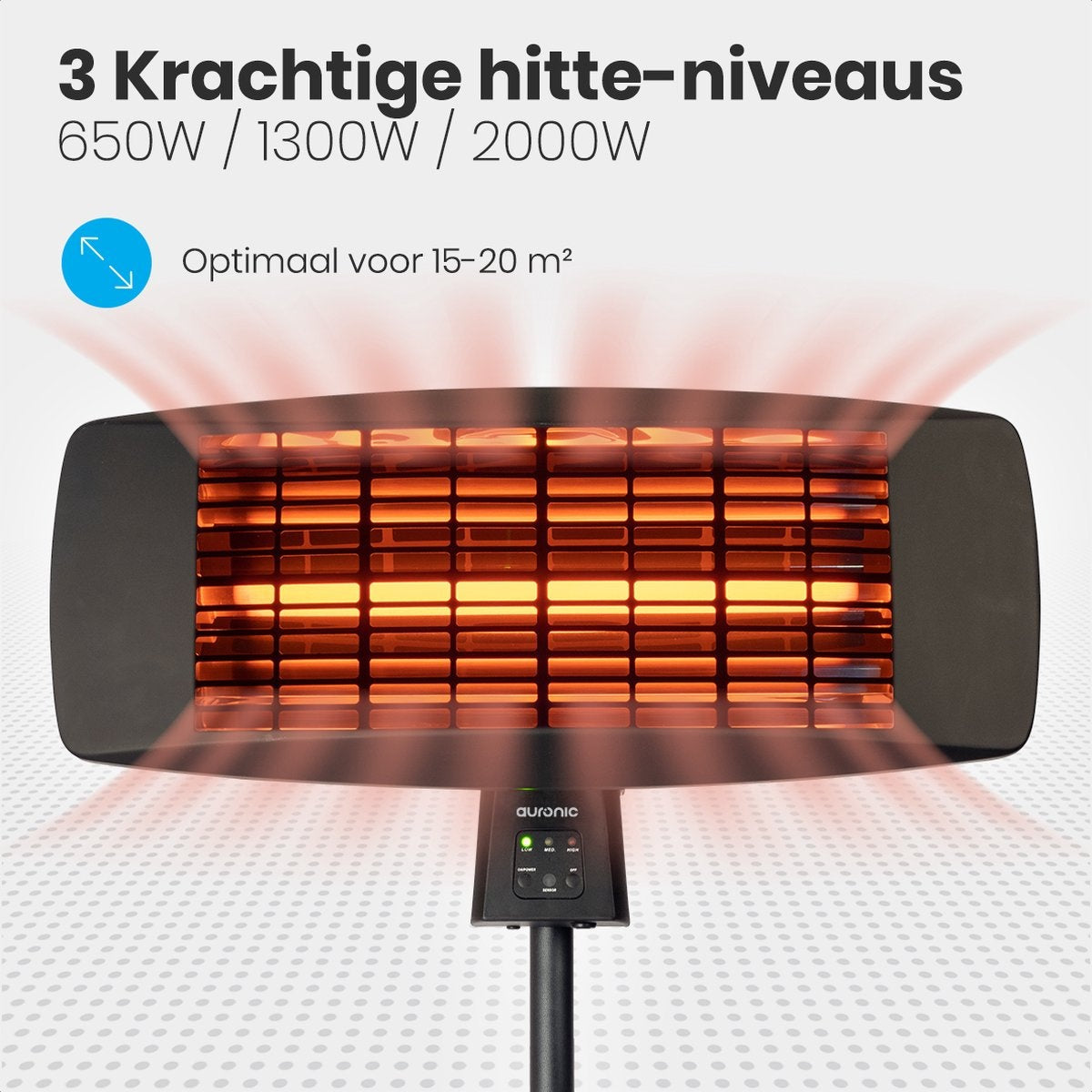Auronic Terrasverwarmer - Infrarood - Elektrisch - 2000W - Heater - Hangend en Staand - met Afstandbediening - 3 Standen - Zwart