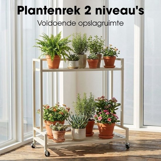 Mica Decorations Greenrax Plantenrek op Wielen - Plantenstandaard voor Kamerplanten, Buitenplanten of Tuingereedschap - Meerdere Plateaus Plantenonderzetter - 80 x 35 x 81 cm - IJzer - Off-white