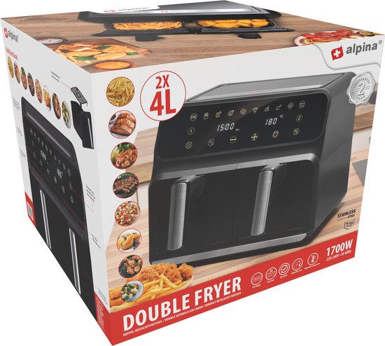 alpina Dubbele Airfryer XL 8L - Heteluchtfriteuse voor 4 tot 8 Personen - Inhoud 2x4L - Digitaal Display - Air Fryer 1700 W - Sync Finish Functie - Zwart